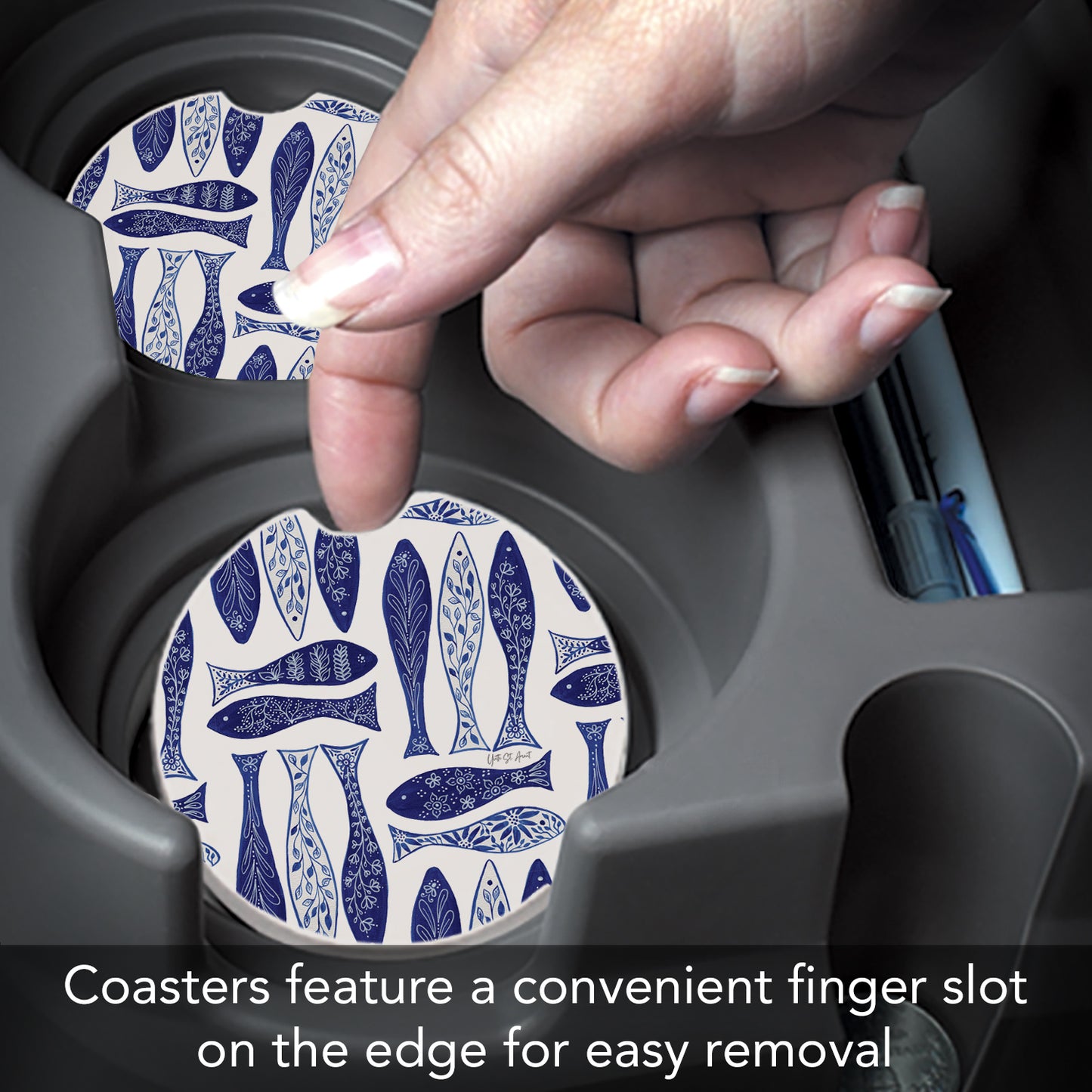 Thirstystone Blue Fish Single Absorbent Stone Coaster for Vehicle Cup Holder 2.6” Diameter Manufactured in The USA