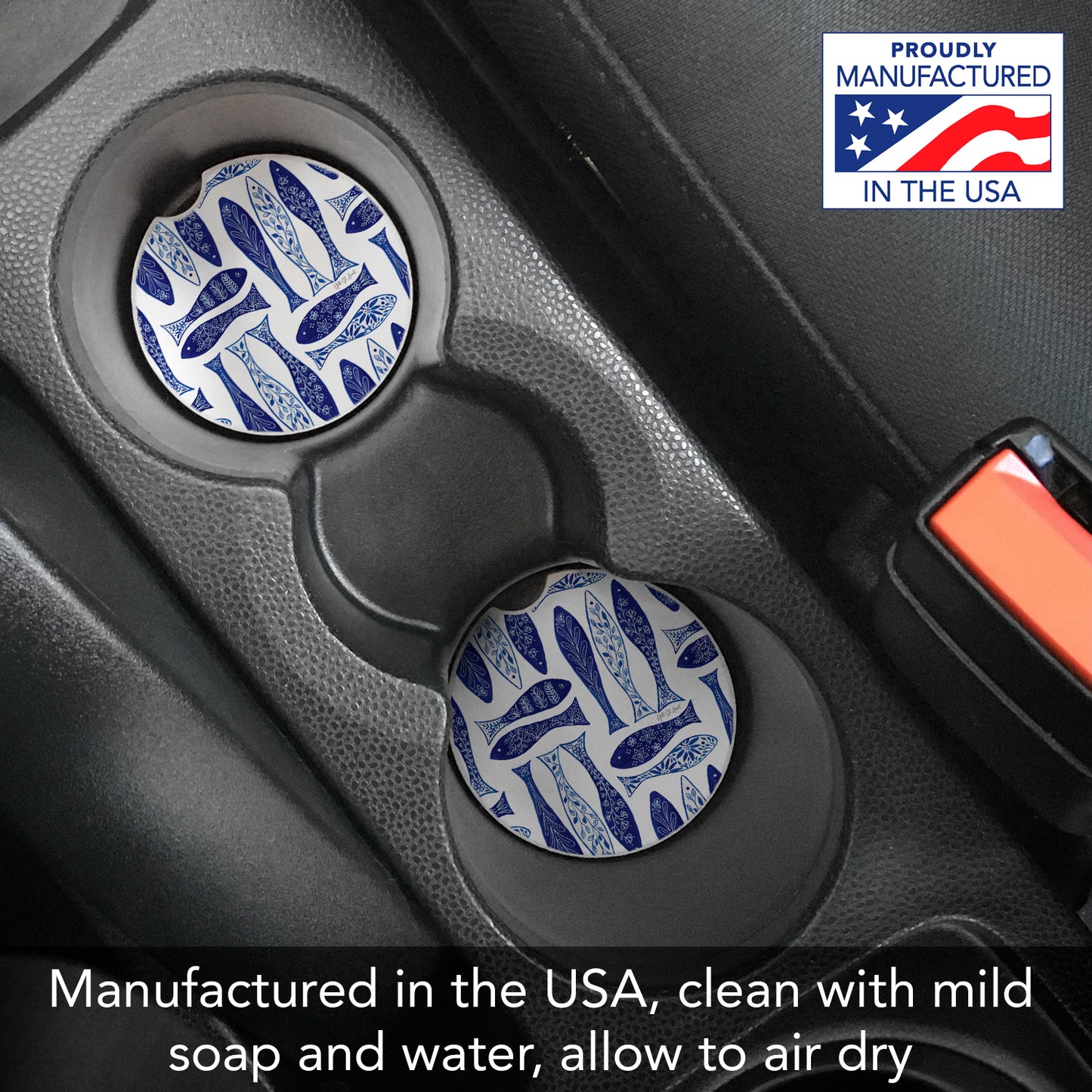 Thirstystone Blue Fish Single Absorbent Stone Coaster for Vehicle Cup Holder 2.6” Diameter Manufactured in The USA