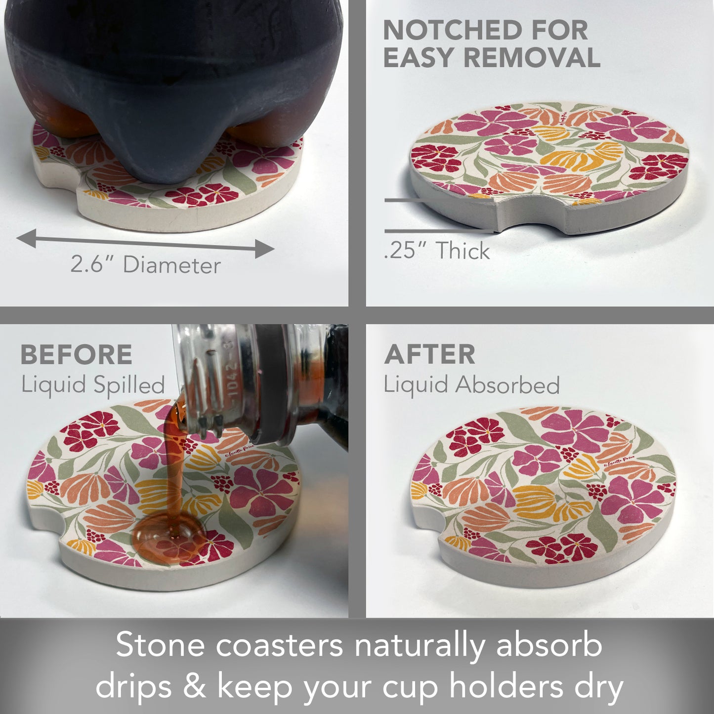 Thirstystone Floral Melody Single Absorbent Stone Coaster for Vehicle Cup Holder 2.6” Diameter Manufactured in The USA