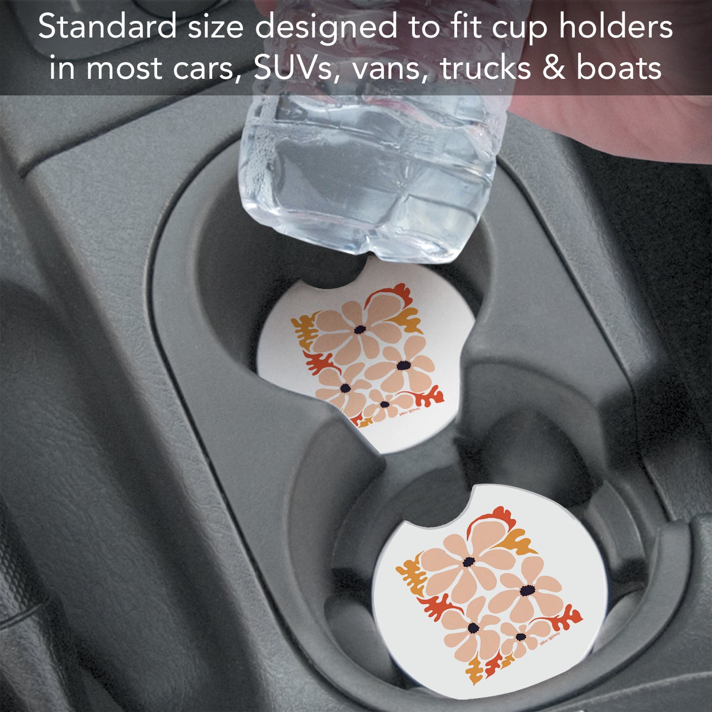 Peach Floral Single Absorbent Stone Coaster for Vehicle Cup Holder 2.6” Diameter Manufactured in The USA