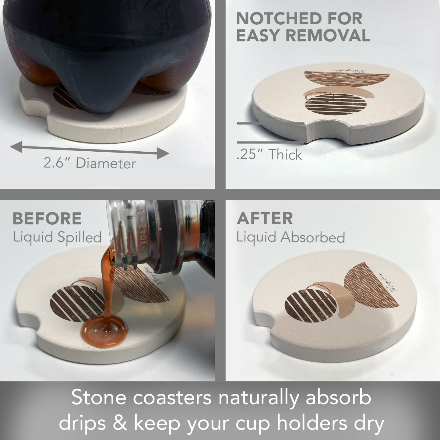 Thirstystone Geo Mocha Single Absorbent Stone Coaster for Vehicle Cup Holder 2.6” Diameter Manufactured in The USA
