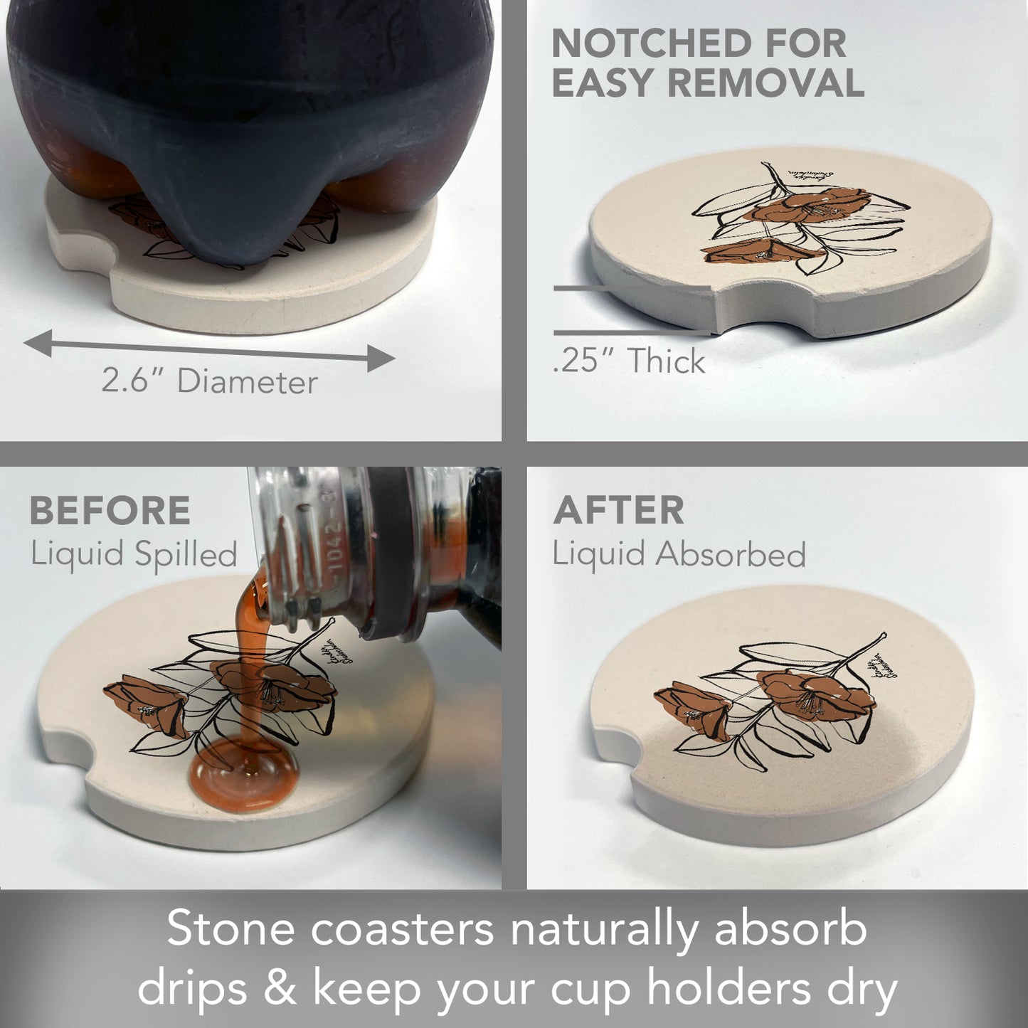 Mocha Flower Single Absorbent Stone Car Coaster 2.6” Diameter Manufactured in the USA