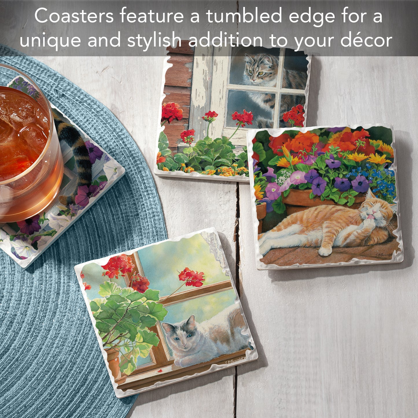 Thirstystone Cats Lazy Day 4-Pack Tumbled Tile Stone Coasters 4" Square
