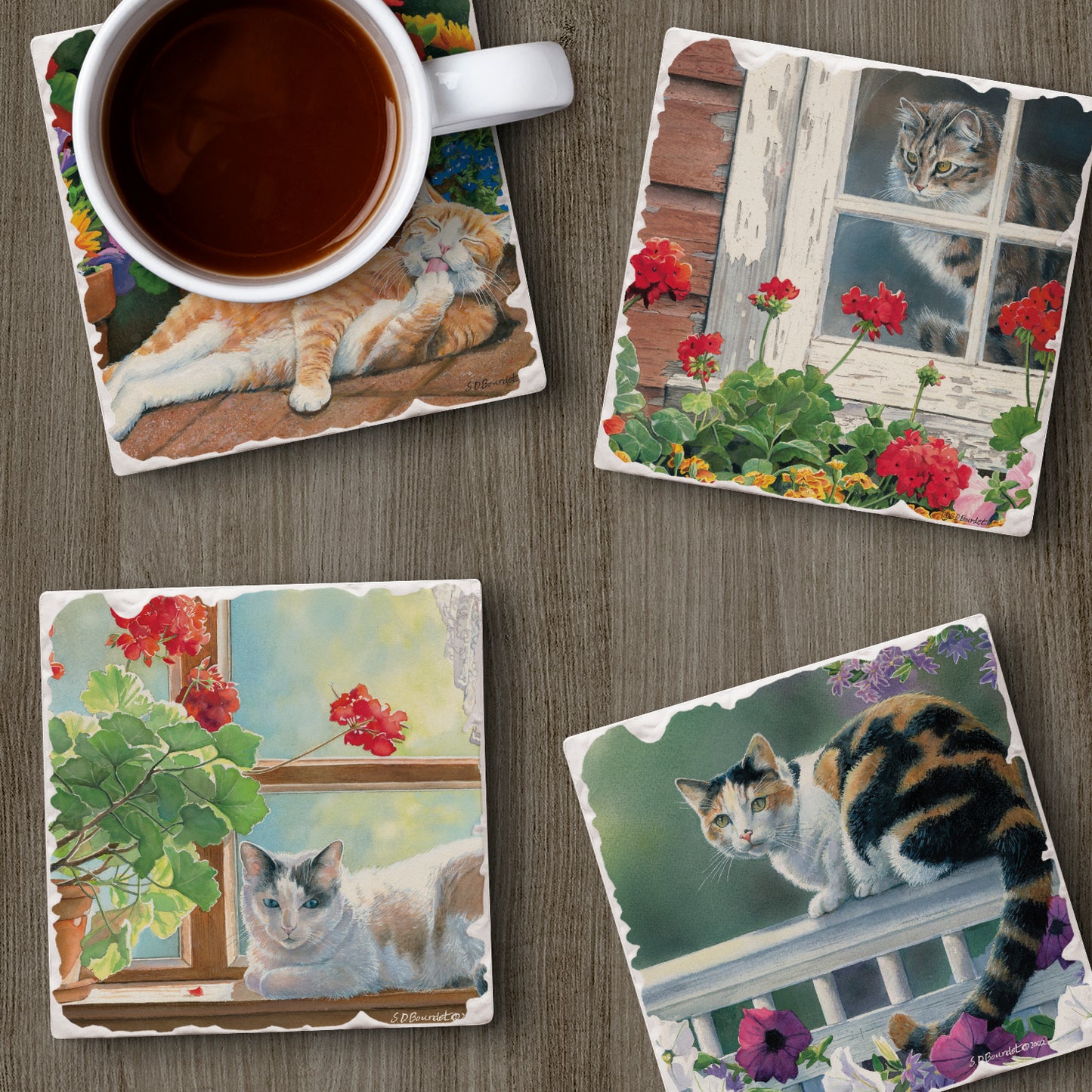 Thirstystone Cats Lazy Day 4-Pack Tumbled Tile Stone Coasters 4" Square
