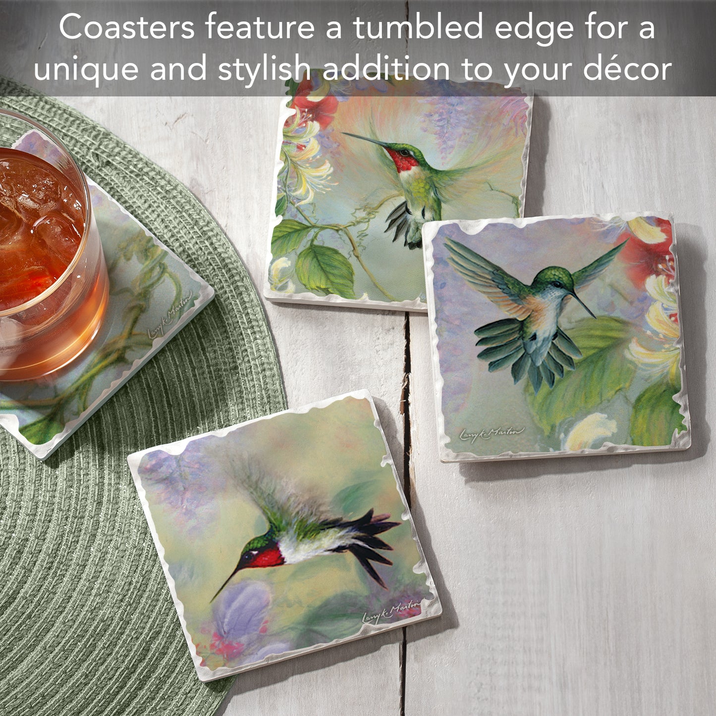Thirstystone Hummingbirds 4 Pack Tumbled Tile Stone Coasters 4" Square