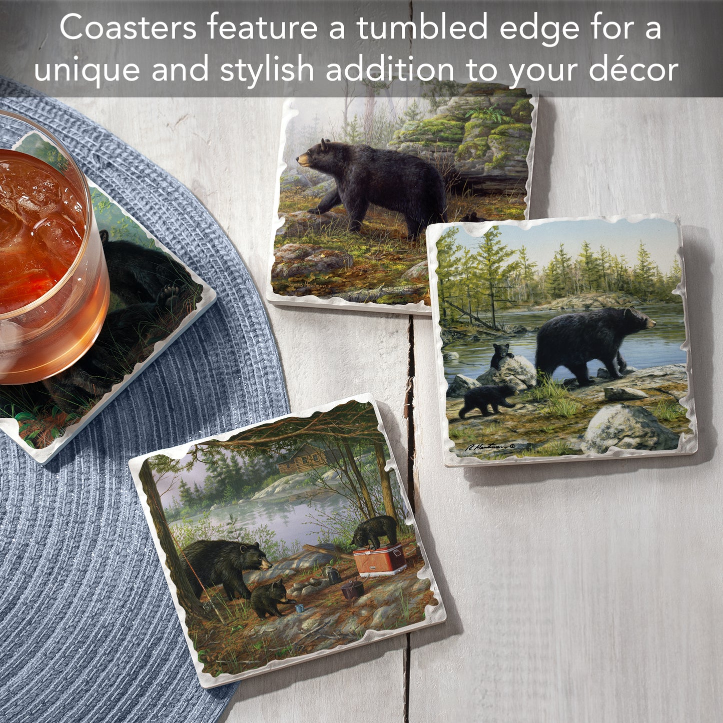 Thirstystone Keeping Watch Bear 4-Pack Tumbled Tile Stone Coasters 4" Square