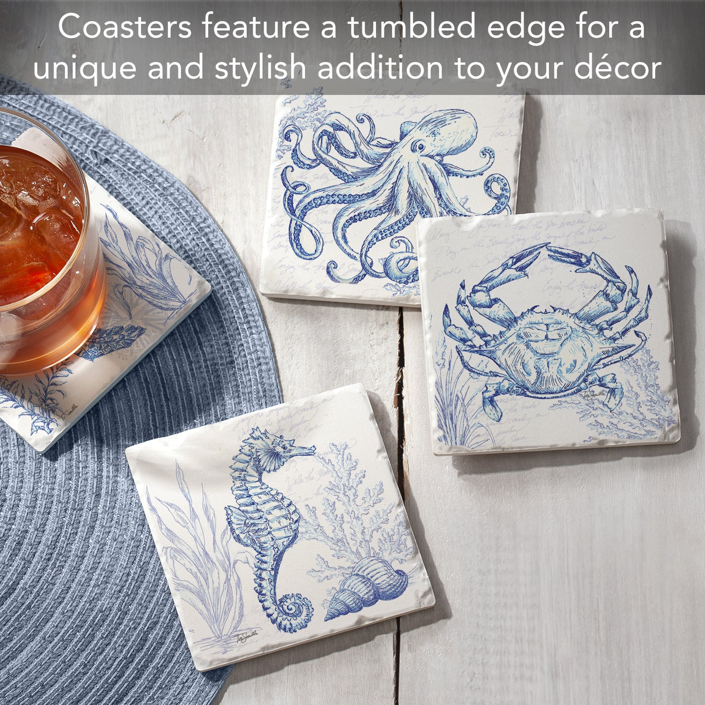 Thirstystone Coastal Sketch 4 Pack Assorted Tumbled Tile Stone Coasters 4" Square
