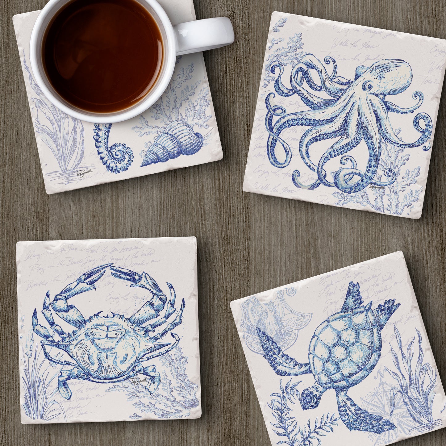 Thirstystone Coastal Sketch 4 Pack Assorted Tumbled Tile Stone Coasters 4" Square