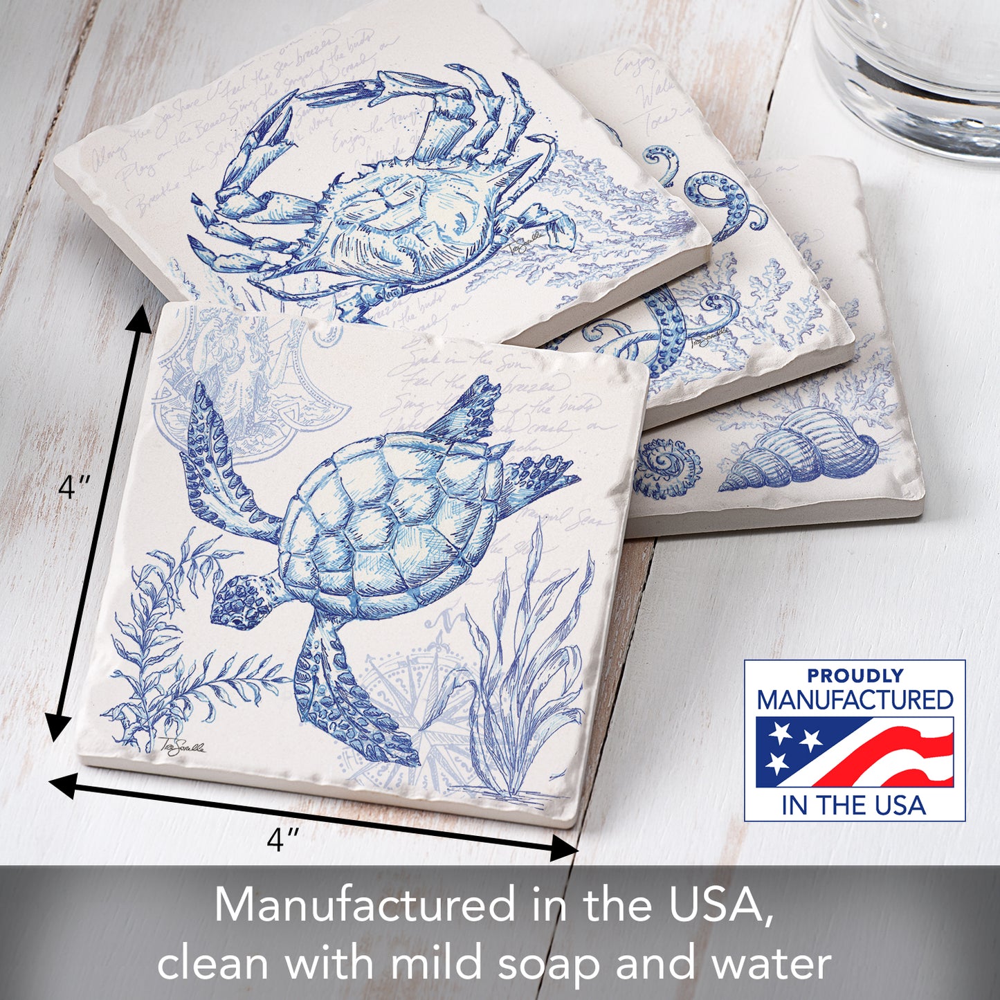 Thirstystone Coastal Sketch 4 Pack Assorted Tumbled Tile Stone Coasters 4" Square