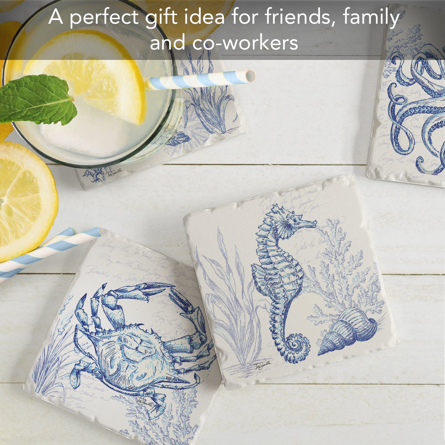 Thirstystone Coastal Sketch 4 Pack Assorted Tumbled Tile Stone Coasters 4" Square