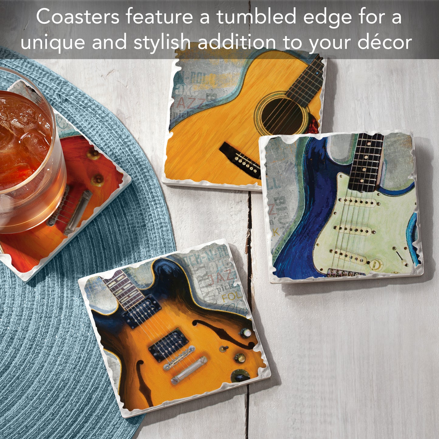 Thirstystone Guitar Legends 4-Pack Tumbled Tile Stone Coasters 4" Square