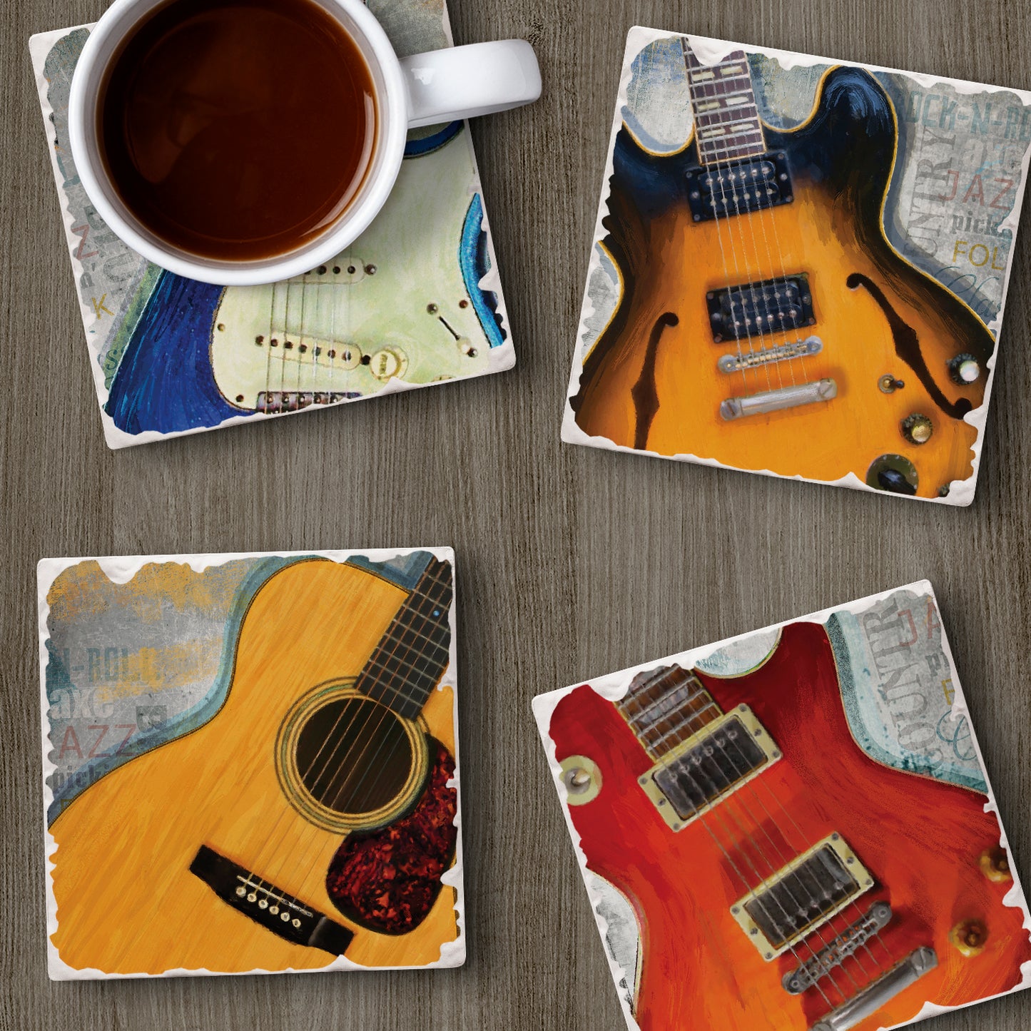 Thirstystone Guitar Legends 4-Pack Tumbled Tile Stone Coasters 4" Square
