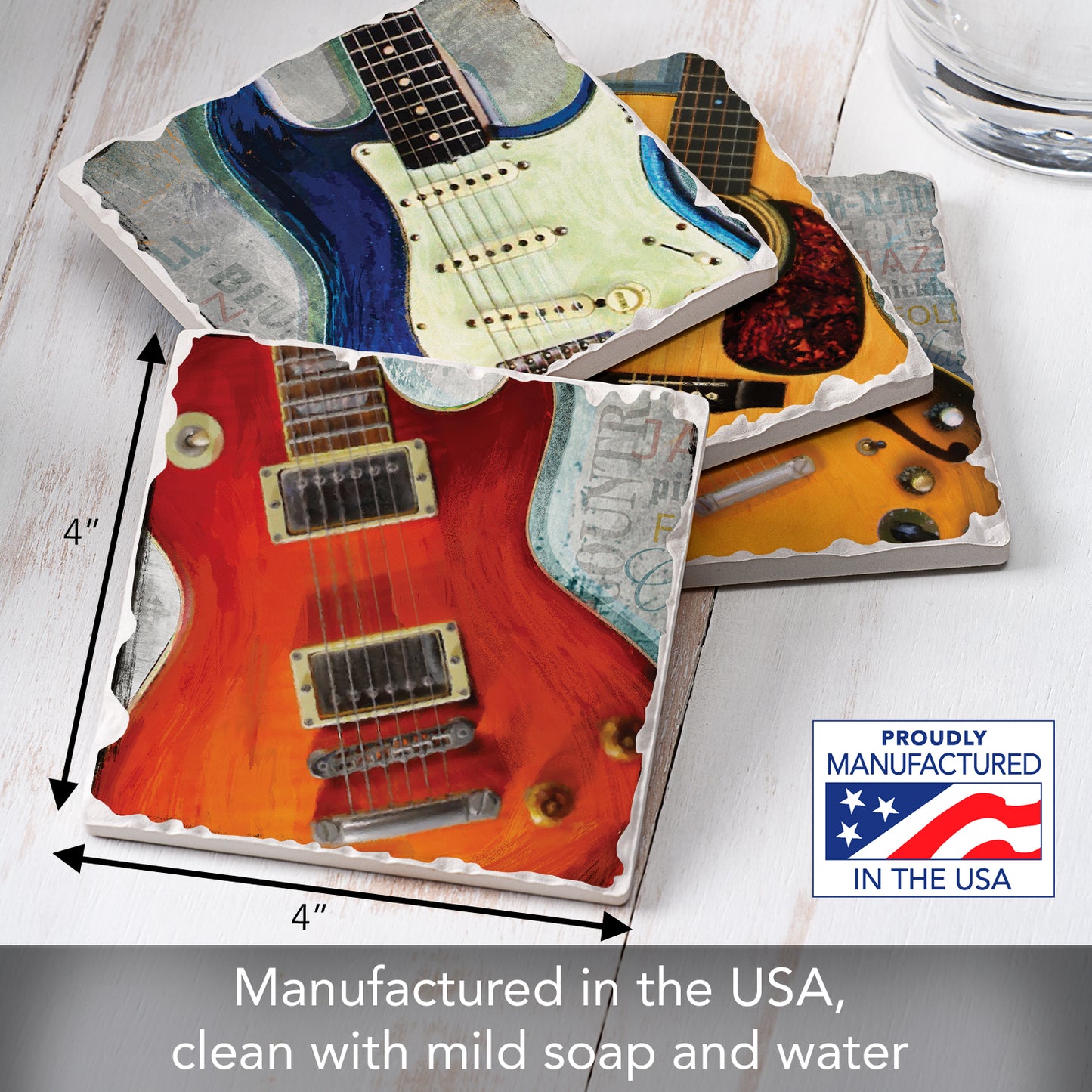 Thirstystone Guitar Legends 4-Pack Tumbled Tile Stone Coasters 4" Square