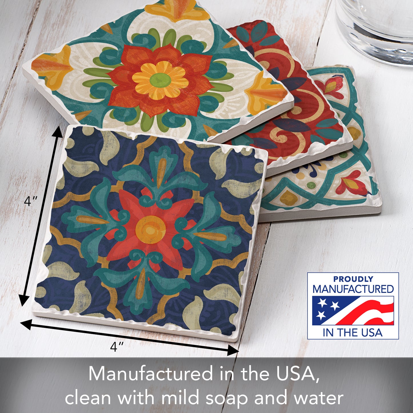 Thirstystone Spanish Villa 4-Pack Tumbled Tile Stone Coasters 4" Square