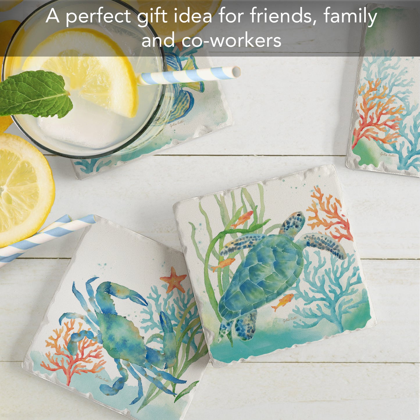 Thirstystone Sea Life Serenade 4 Pack Assorted Tumbled Tile Stone Coasters 4" Square