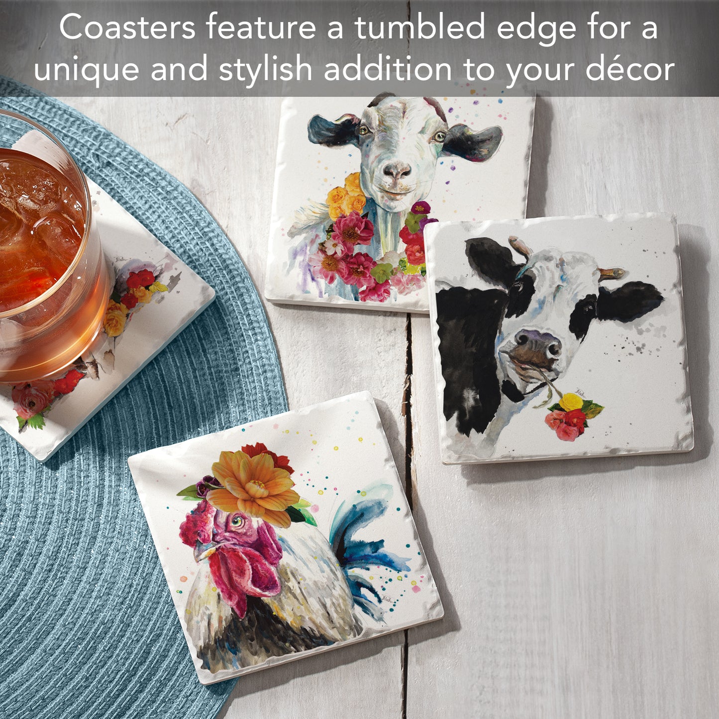 Thirstystone Fancy Farm Multi-Image Absorbent Stone Tumbled Tile Coaster 4 Pack with Protective Cork Backing Manufactured in The USA
