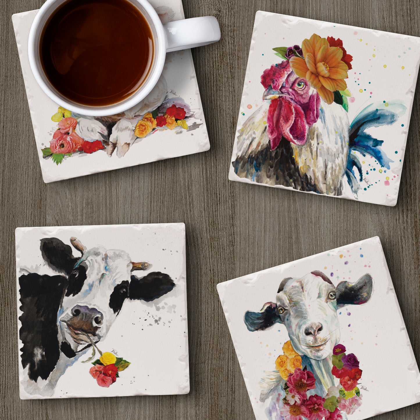 Thirstystone Fancy Farm Multi-Image Absorbent Stone Tumbled Tile Coaster 4 Pack with Protective Cork Backing Manufactured in The USA