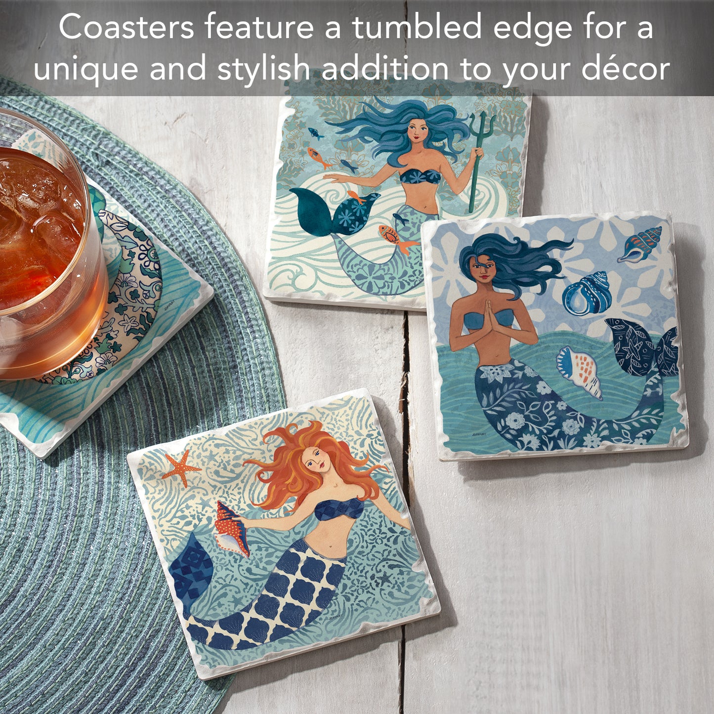 Thirstystone Mermaid Island 4 Pack Assorted Tumbled Tile Stone Coasters 4" Square