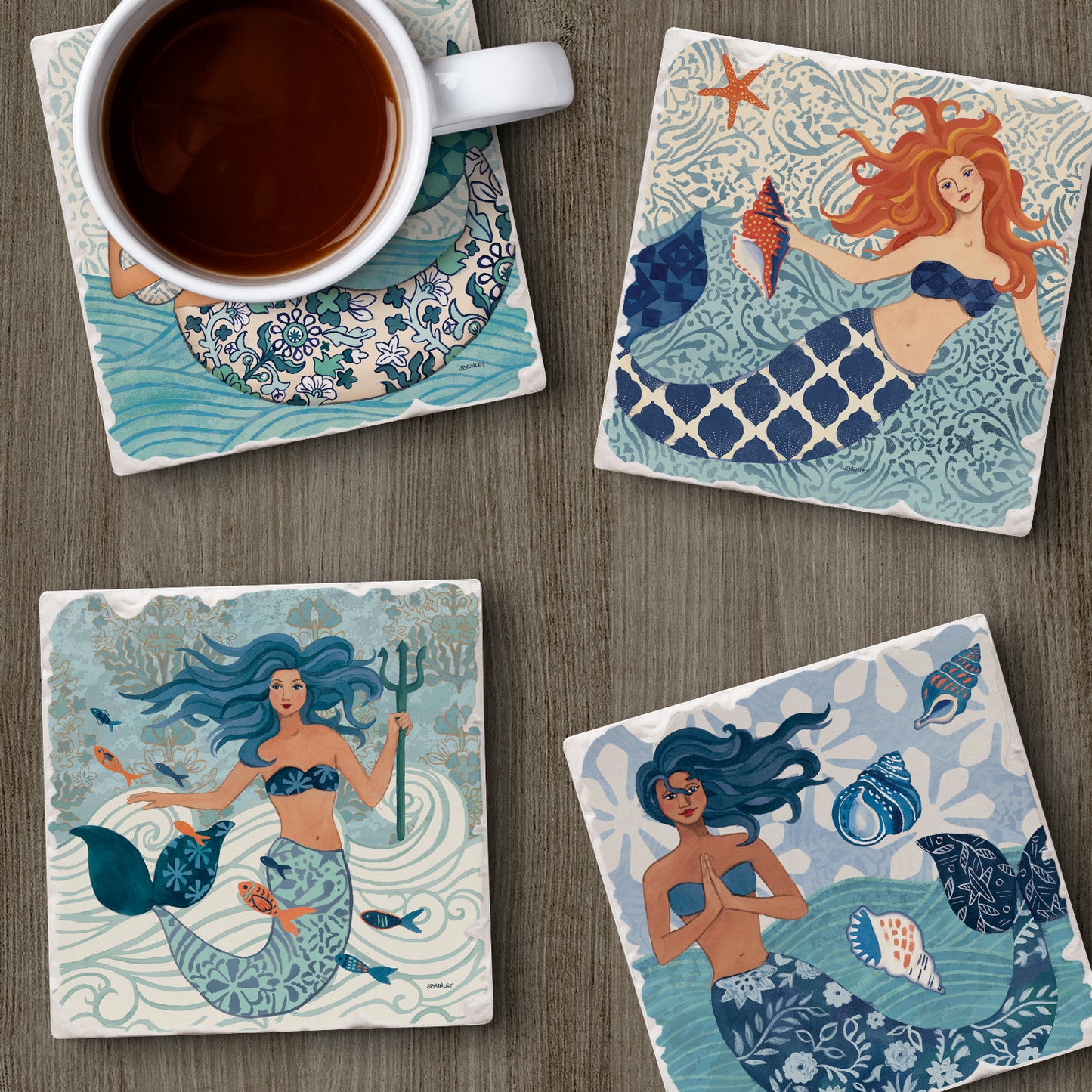 Thirstystone Mermaid Island 4 Pack Assorted Tumbled Tile Stone Coasters 4" Square