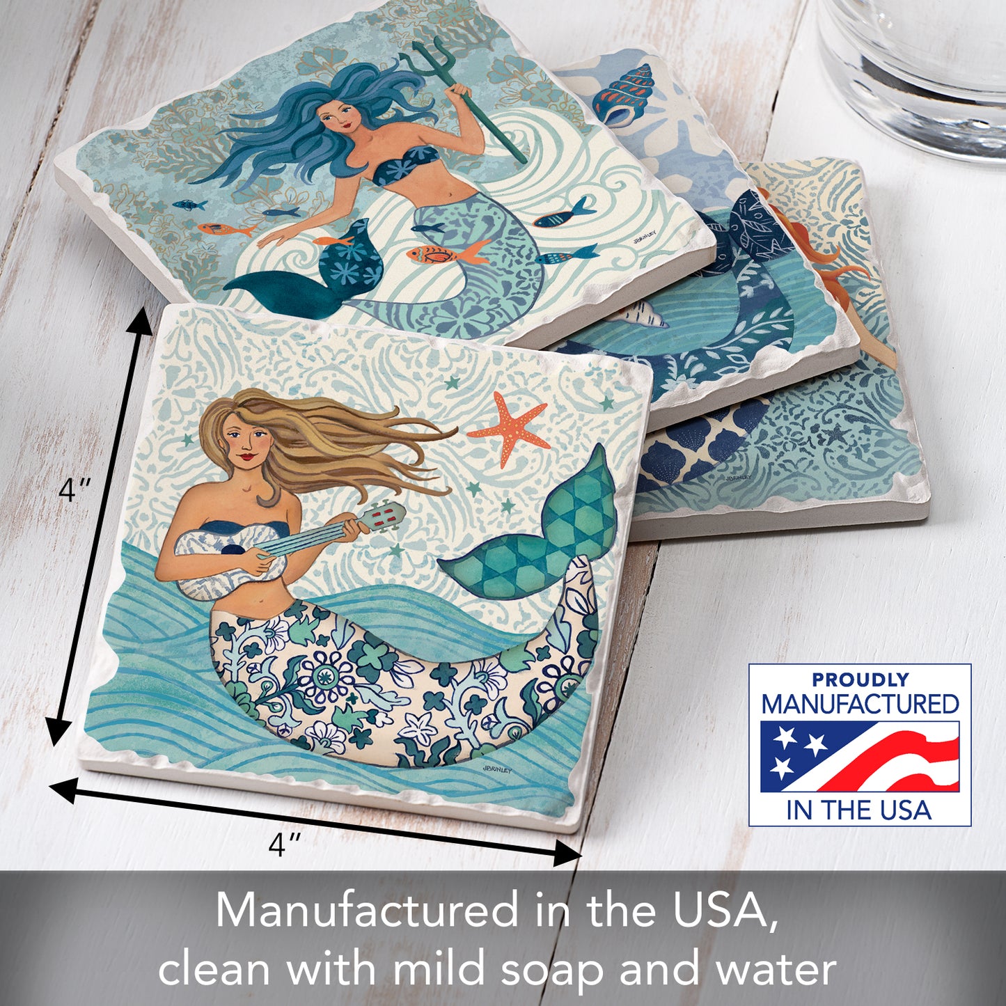 Thirstystone Mermaid Island 4 Pack Assorted Tumbled Tile Stone Coasters 4" Square