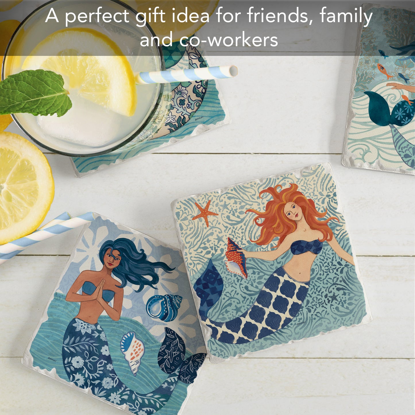 Thirstystone Mermaid Island 4 Pack Assorted Tumbled Tile Stone Coasters 4" Square