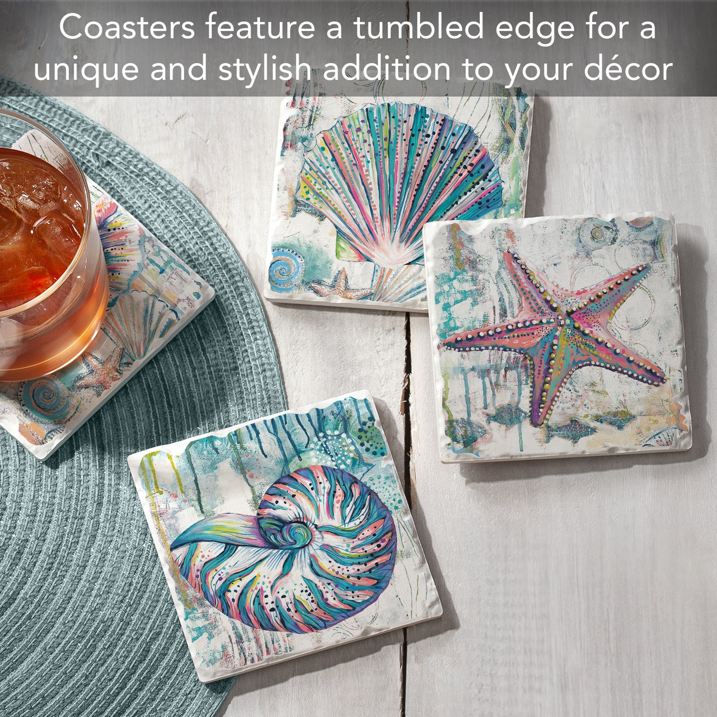 Thirstystone Jewels of The Sea 4 Pack Assorted Tumbled Tile Stone Coasters 4" Square