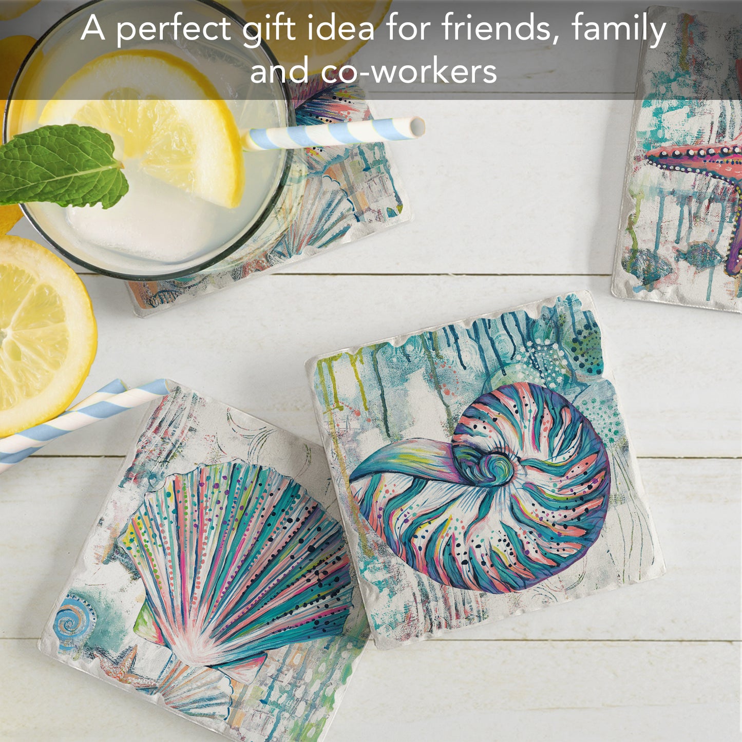 Thirstystone Jewels of The Sea 4 Pack Assorted Tumbled Tile Stone Coasters 4" Square