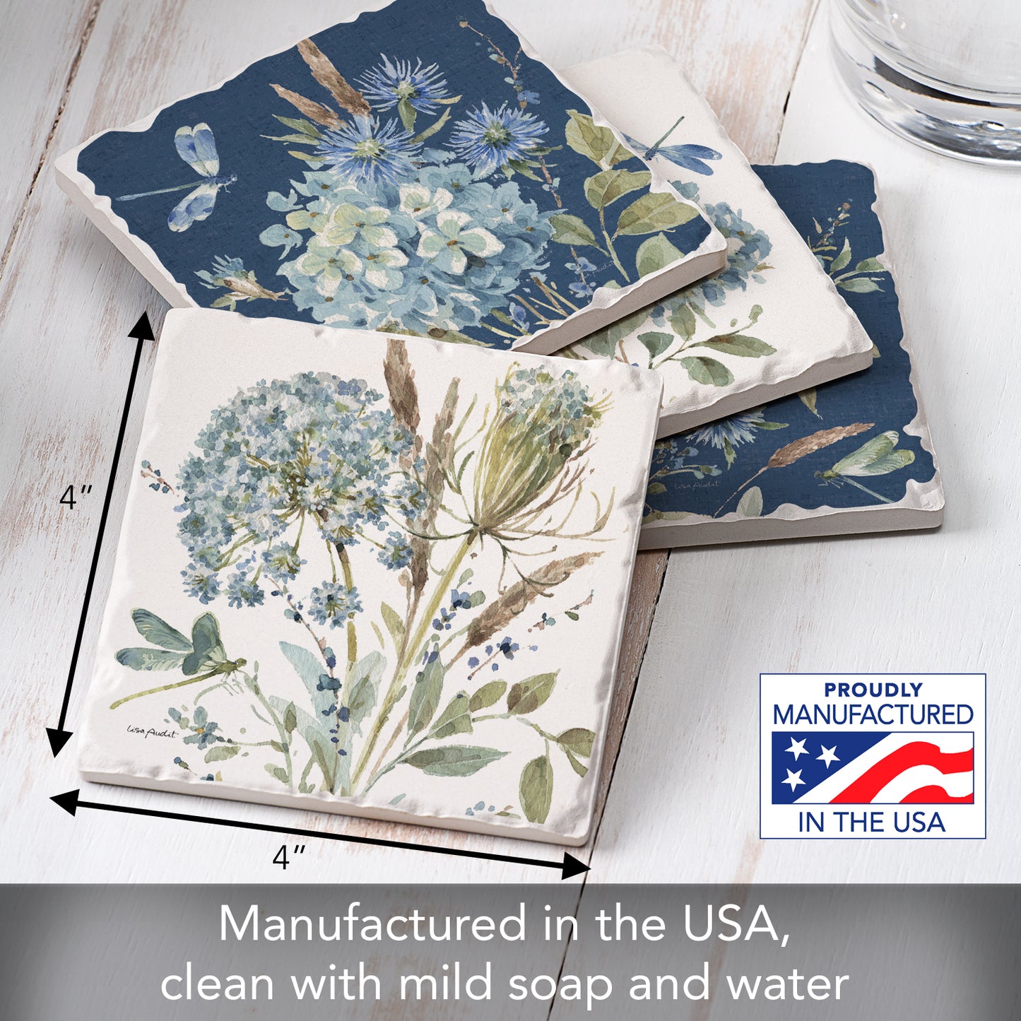 Thirstystone Bohemian Blue 4 Pack Assorted Tumbled Tile Stone Coasters 4" Square