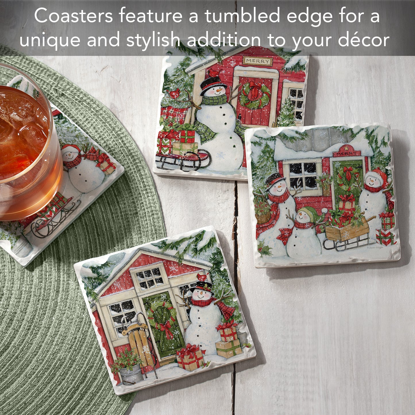 Thirstystone Snowman's Farmhouse 4 Pack Assorted Tumbled Tile Stone Coasters 4" Square