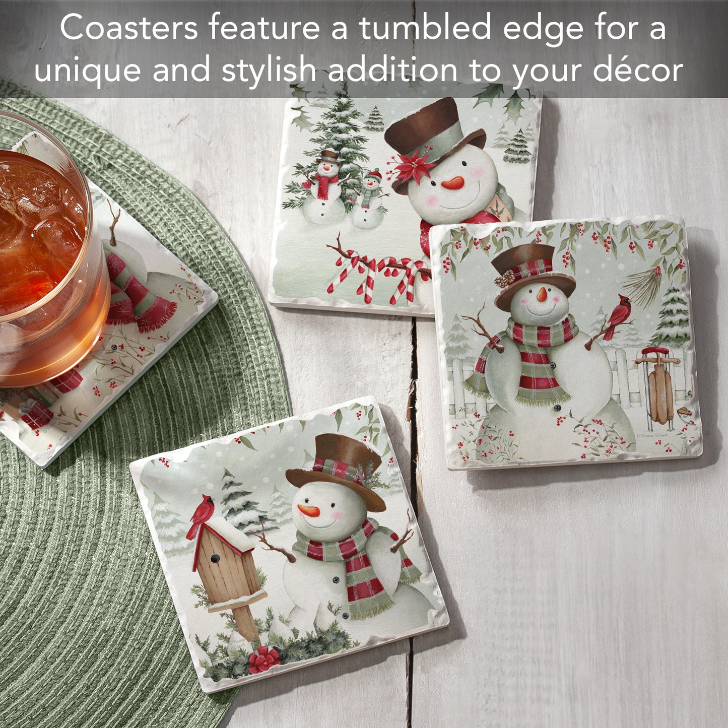 Thirstystone Brown Hat Snowman 4 Pack Assorted Tumbled Tile Stone Coasters