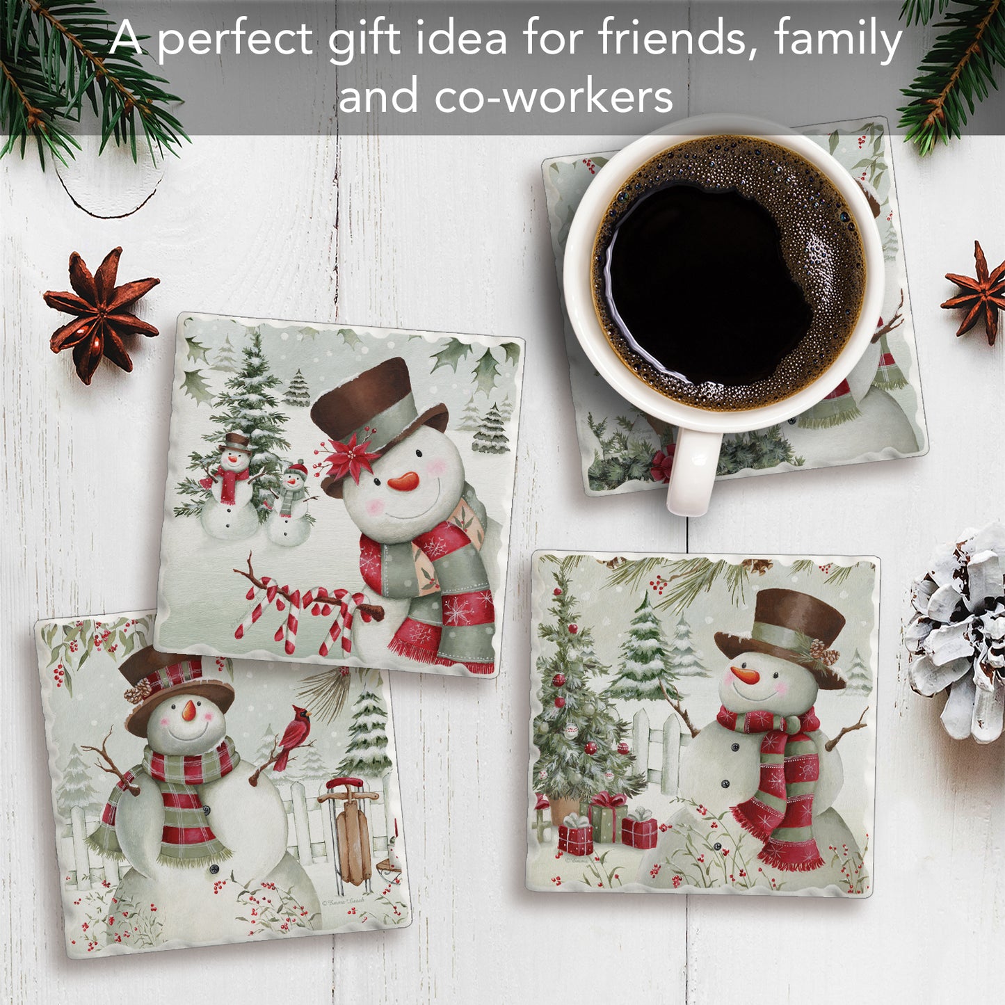Thirstystone Brown Hat Snowman 4 Pack Assorted Tumbled Tile Stone Coasters