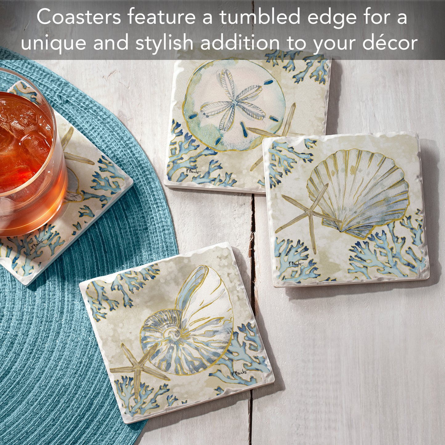 Thirstystone Playa Shells 4 Pack Assorted Tumbled Tile Stone Coasters 4" Square