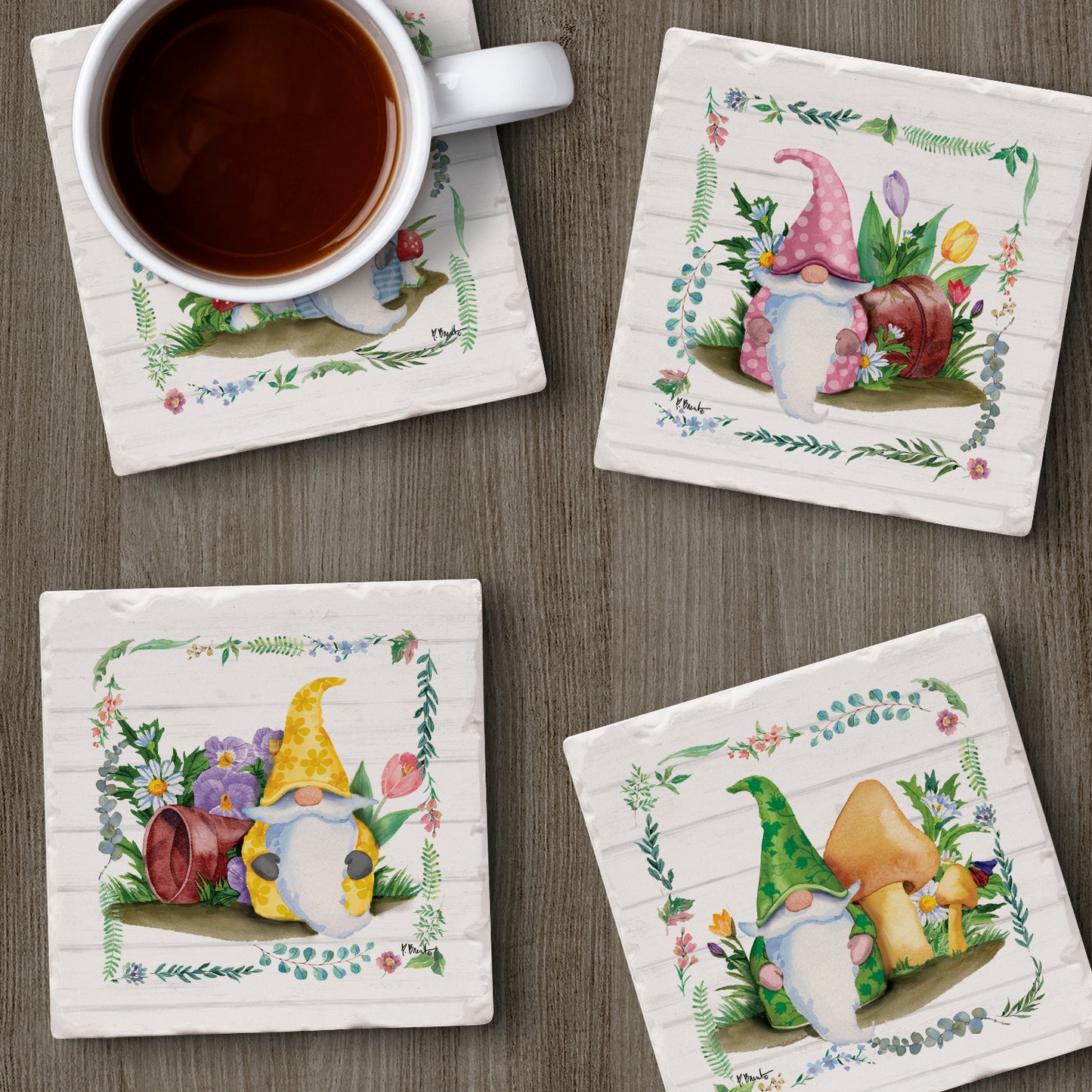 Thirstystone Spring Gnome 4 Pack Assorted Tumbled Tile Stone Coasters 4" Square