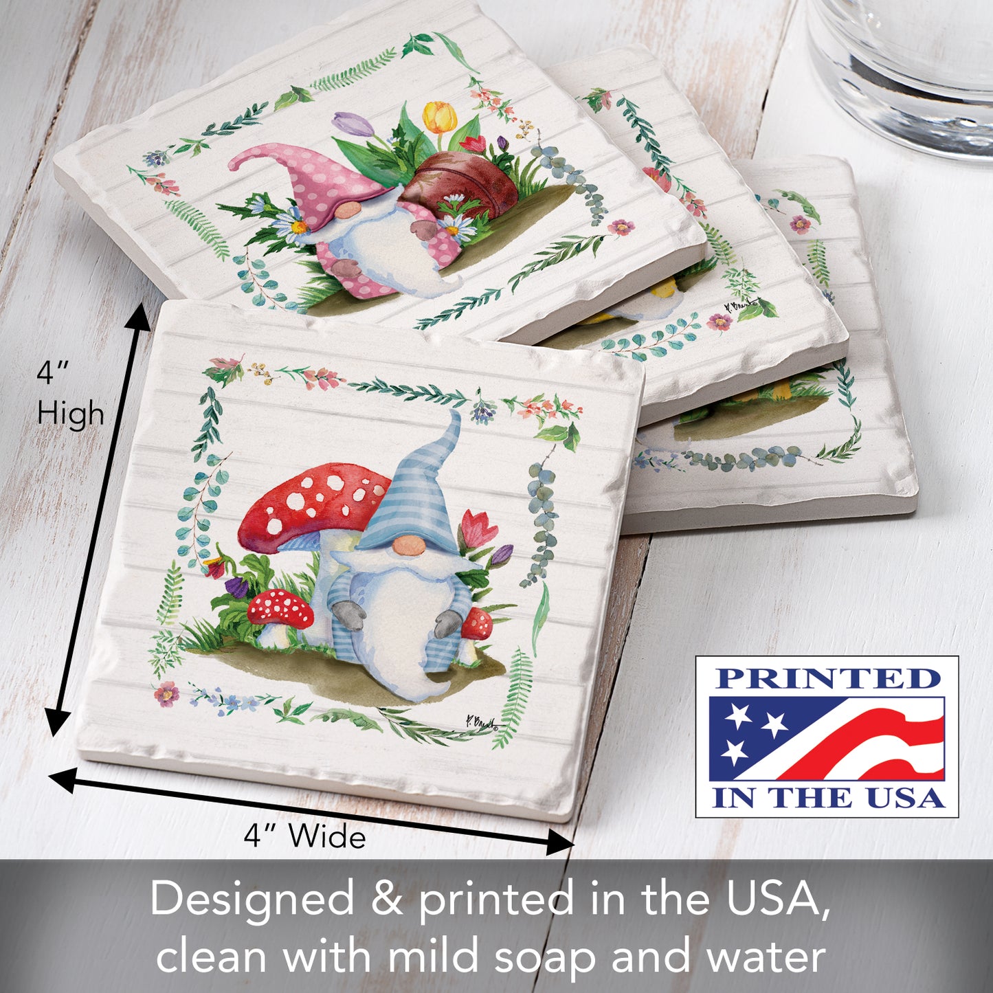 Thirstystone Spring Gnome 4 Pack Assorted Tumbled Tile Stone Coasters 4" Square