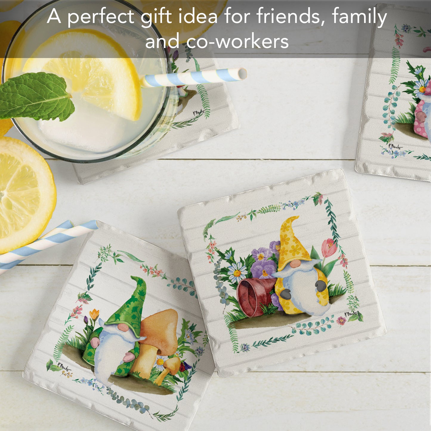 Thirstystone Spring Gnome 4 Pack Assorted Tumbled Tile Stone Coasters 4" Square