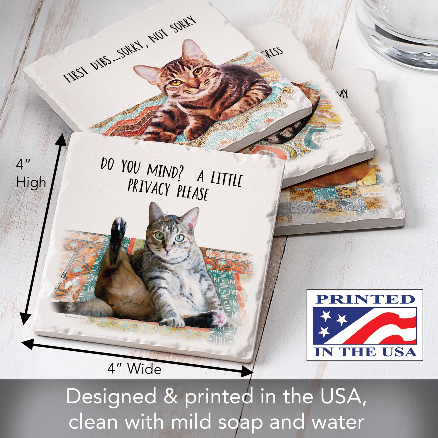 Thirstystone Cat Nappy 4-Pack Tumbled Tile Stone Coasters 4" Square