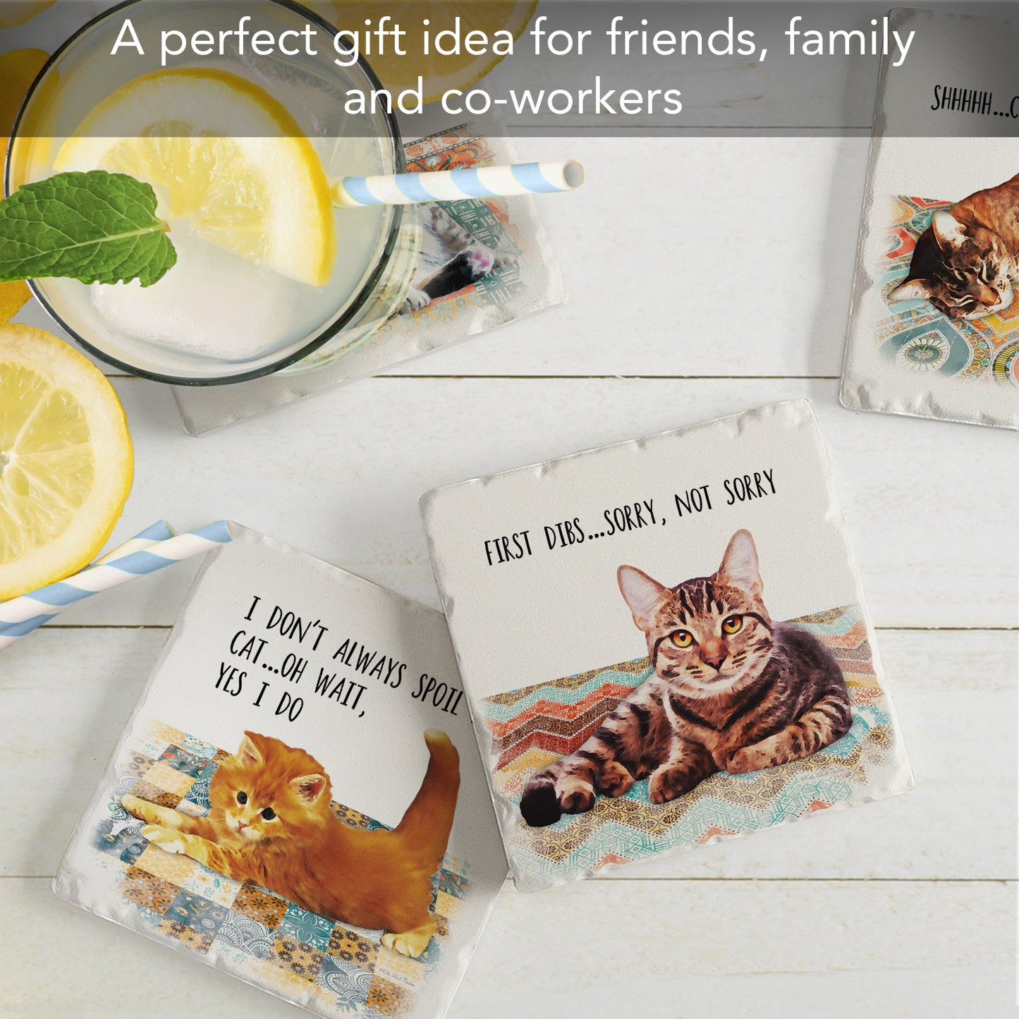 Thirstystone Cat Nappy 4-Pack Tumbled Tile Stone Coasters 4" Square