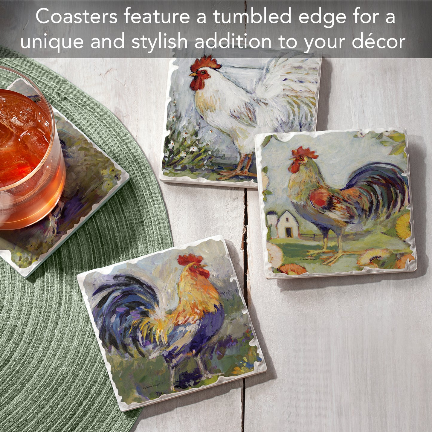Thirstystone Meadowbrook Roosters 4-Pack Tumbled Tile Stone Coasters 4" Square