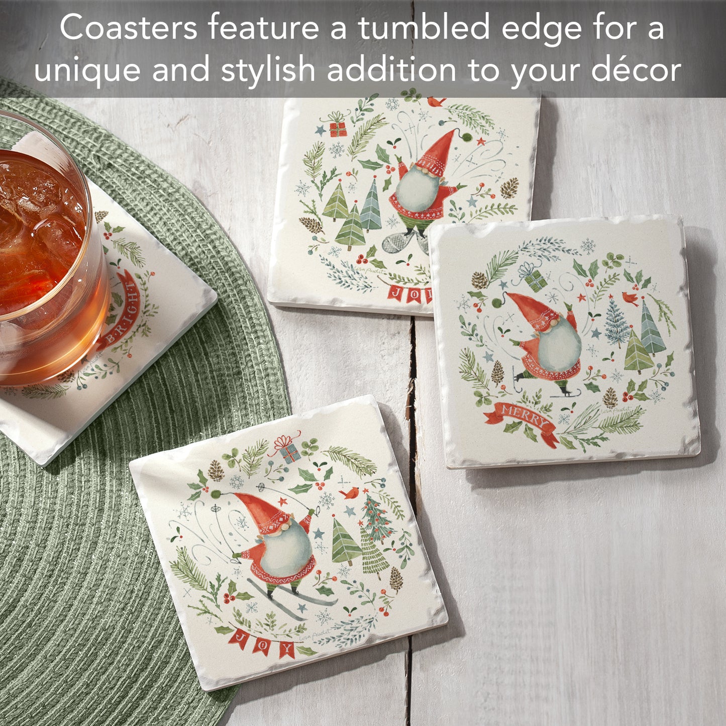 Thirstystone Jolly Gnomes 4 Pack Assorted Tumbled Tile Stone Coasters 4" Square