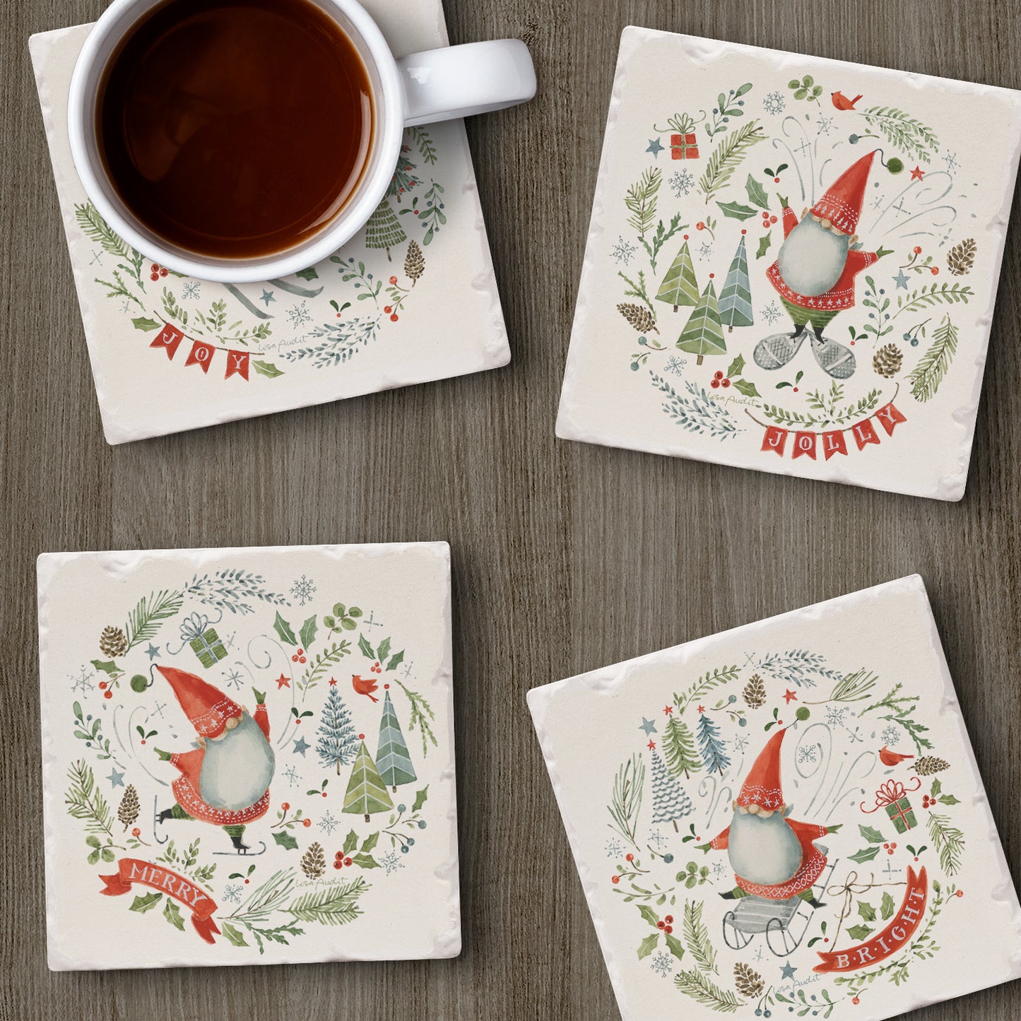 Thirstystone Jolly Gnomes 4 Pack Assorted Tumbled Tile Stone Coasters 4" Square