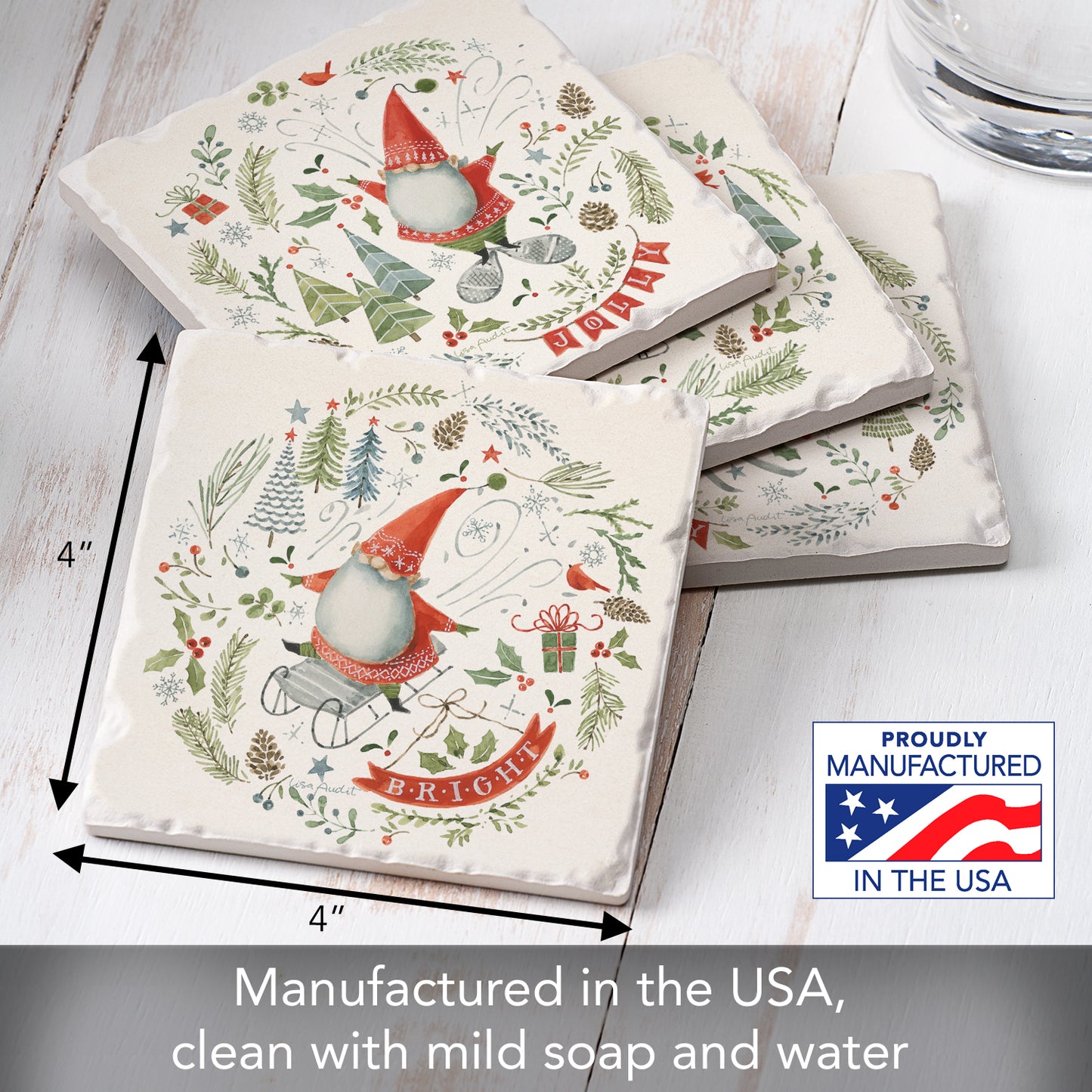 Thirstystone Jolly Gnomes 4 Pack Assorted Tumbled Tile Stone Coasters 4" Square