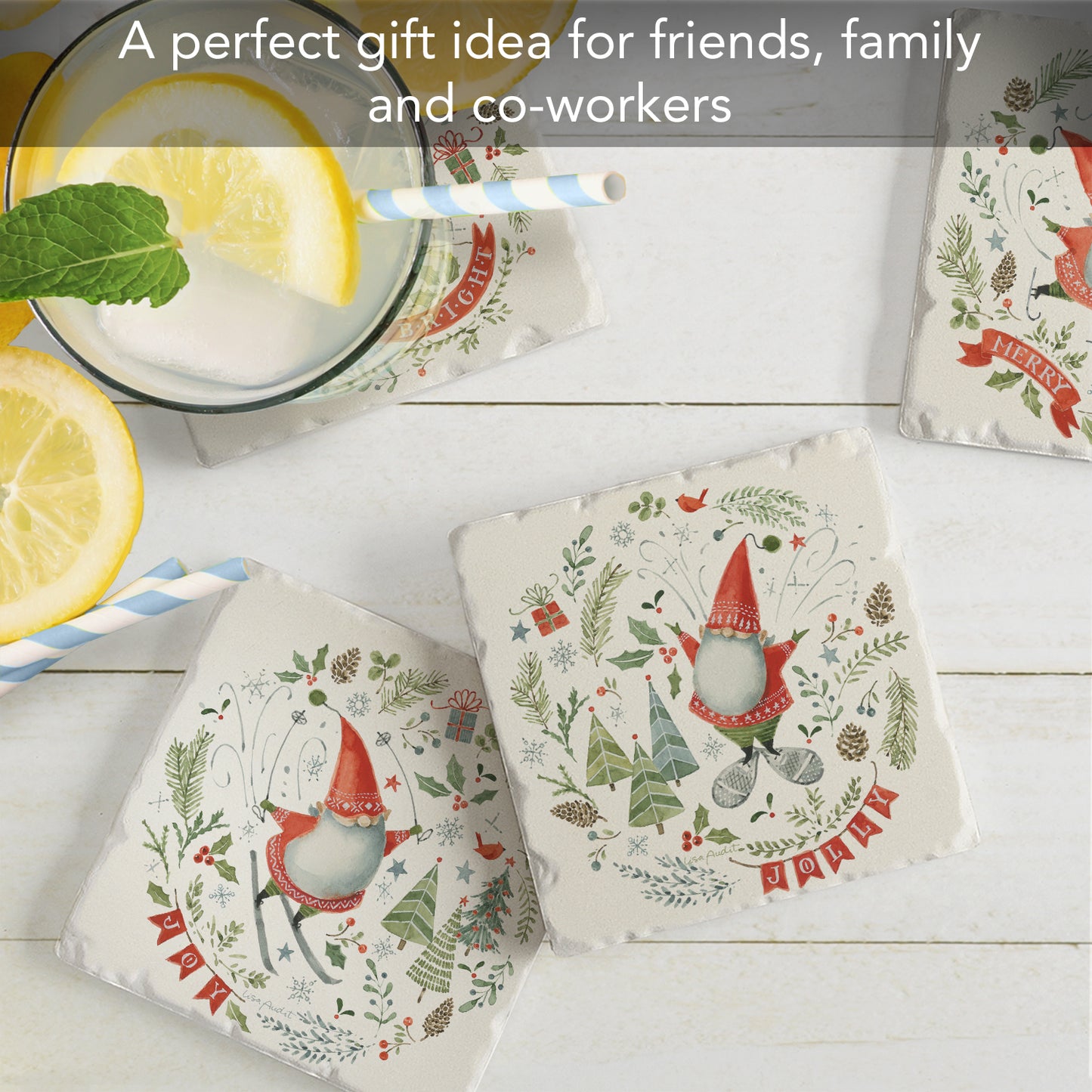 Thirstystone Jolly Gnomes 4 Pack Assorted Tumbled Tile Stone Coasters 4" Square