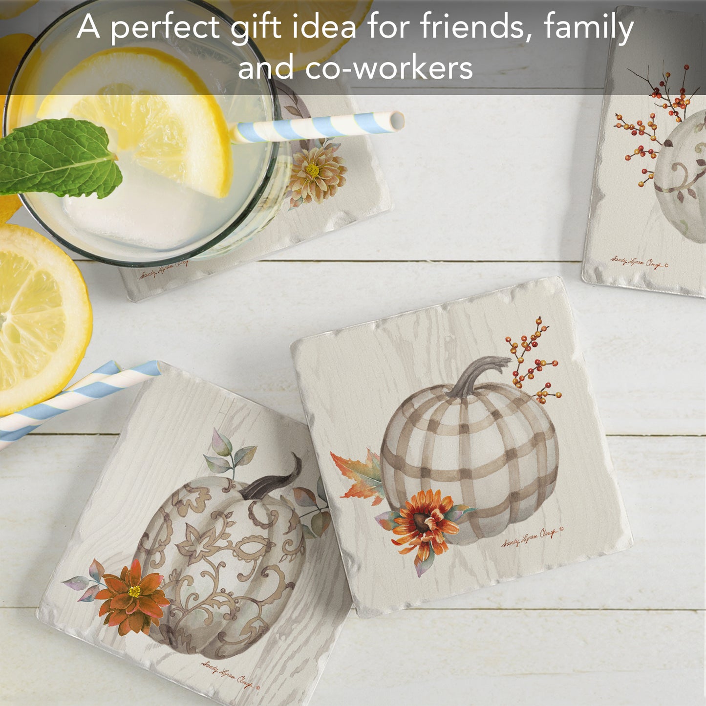 Thirstystone Fall Pumpkins 4 Pack Assorted Tumbled Tile Stone Coasters 4" Square