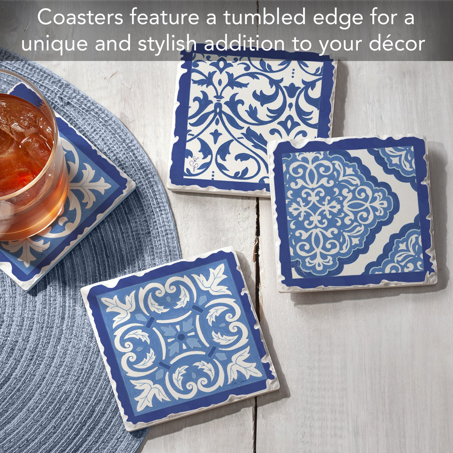Thirstystone Blue & White Scrollwork 4-Pack Assorted Tumbled Tile Stone Coasters 4" Square