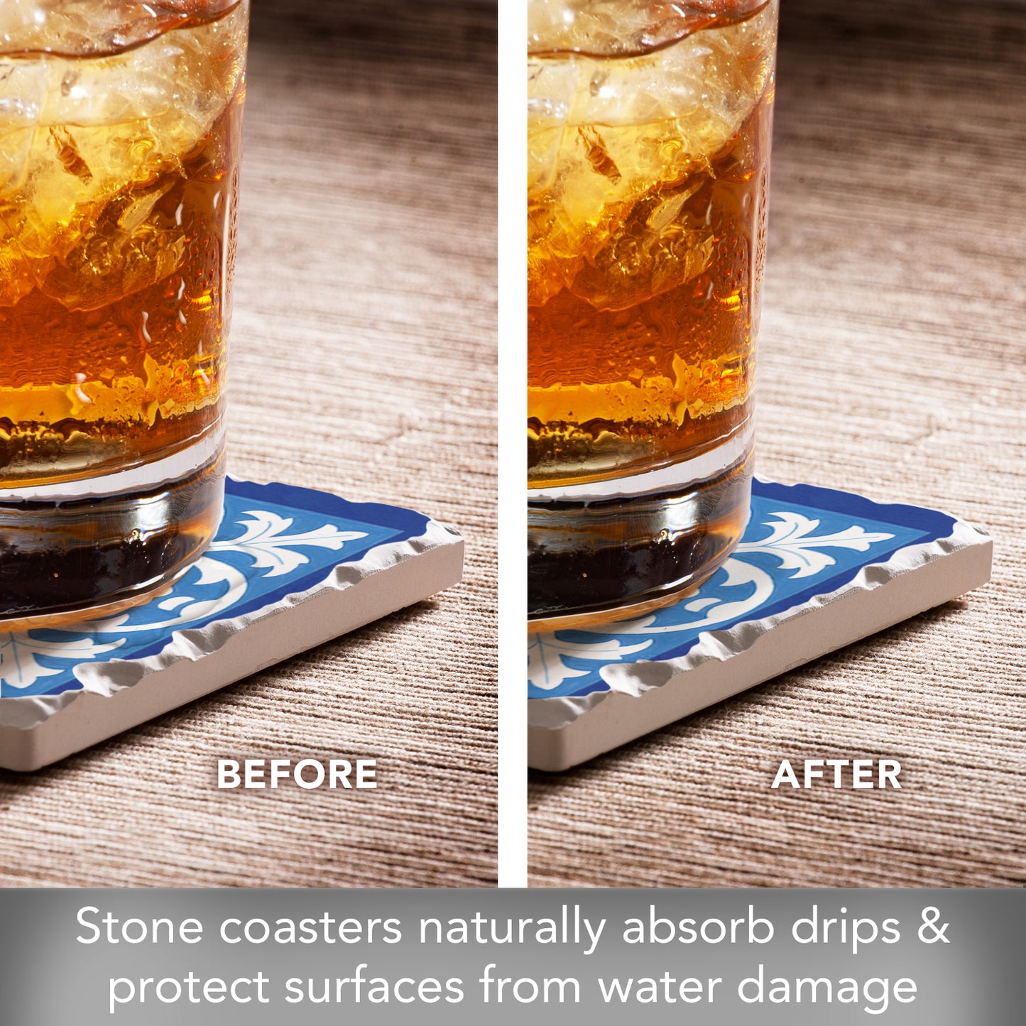 Thirstystone Blue & White Scrollwork 4-Pack Assorted Tumbled Tile Stone Coasters 4" Square