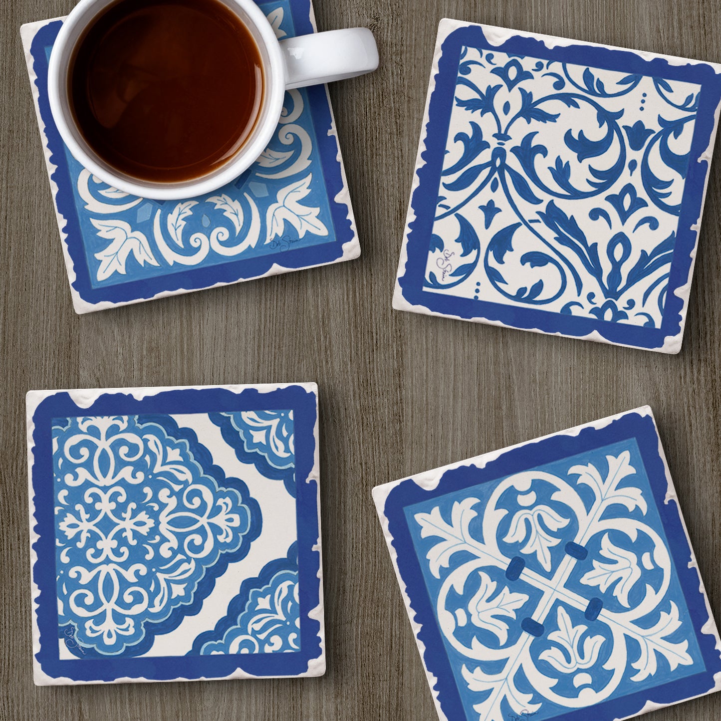 Thirstystone Blue & White Scrollwork 4-Pack Assorted Tumbled Tile Stone Coasters 4" Square
