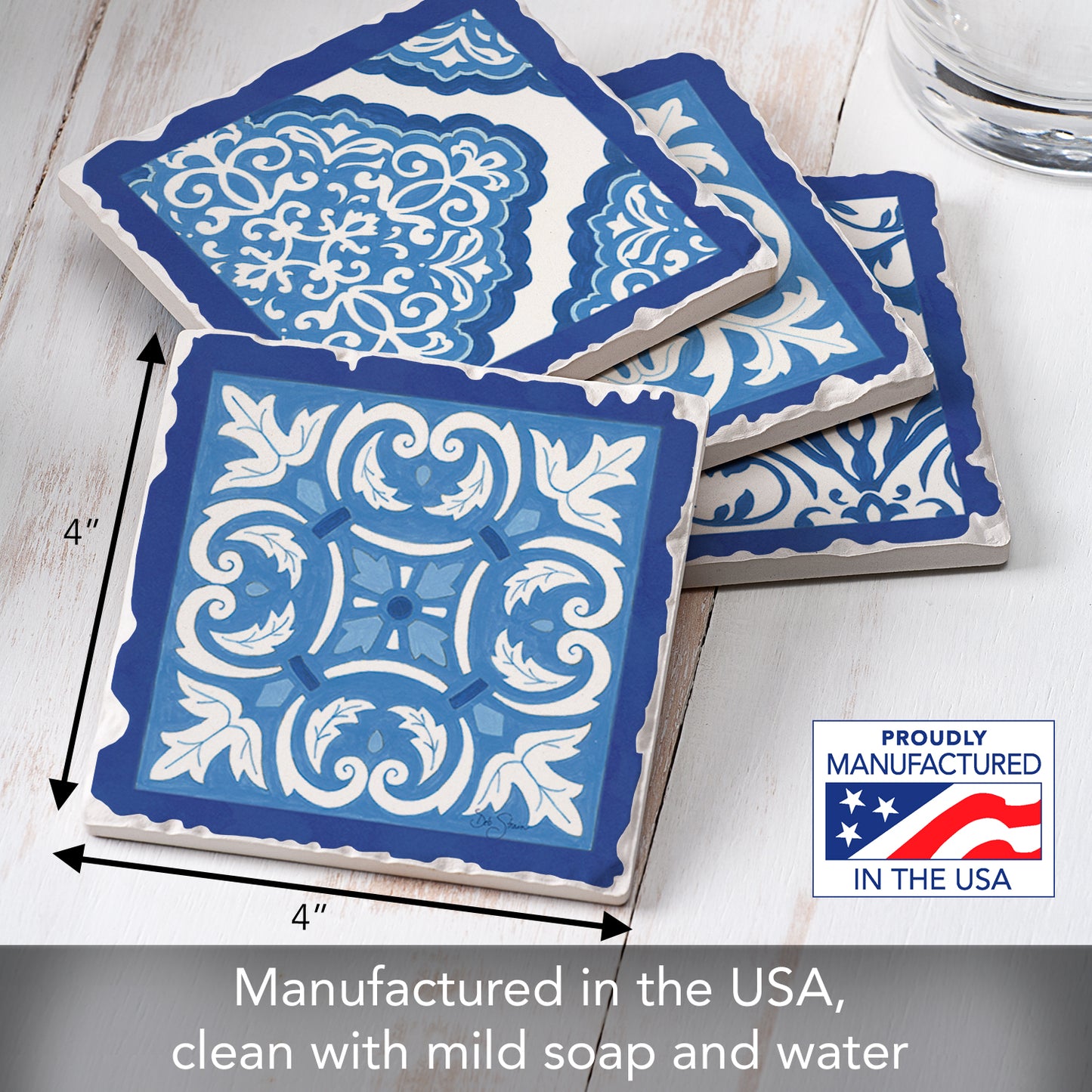 Thirstystone Blue & White Scrollwork 4-Pack Assorted Tumbled Tile Stone Coasters 4" Square