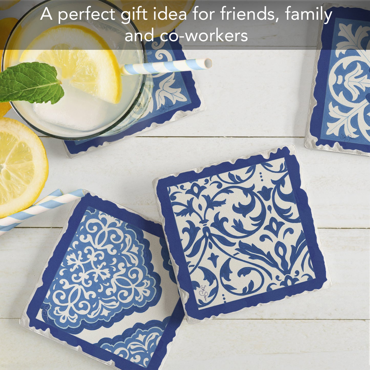 Thirstystone Blue & White Scrollwork 4-Pack Assorted Tumbled Tile Stone Coasters 4" Square