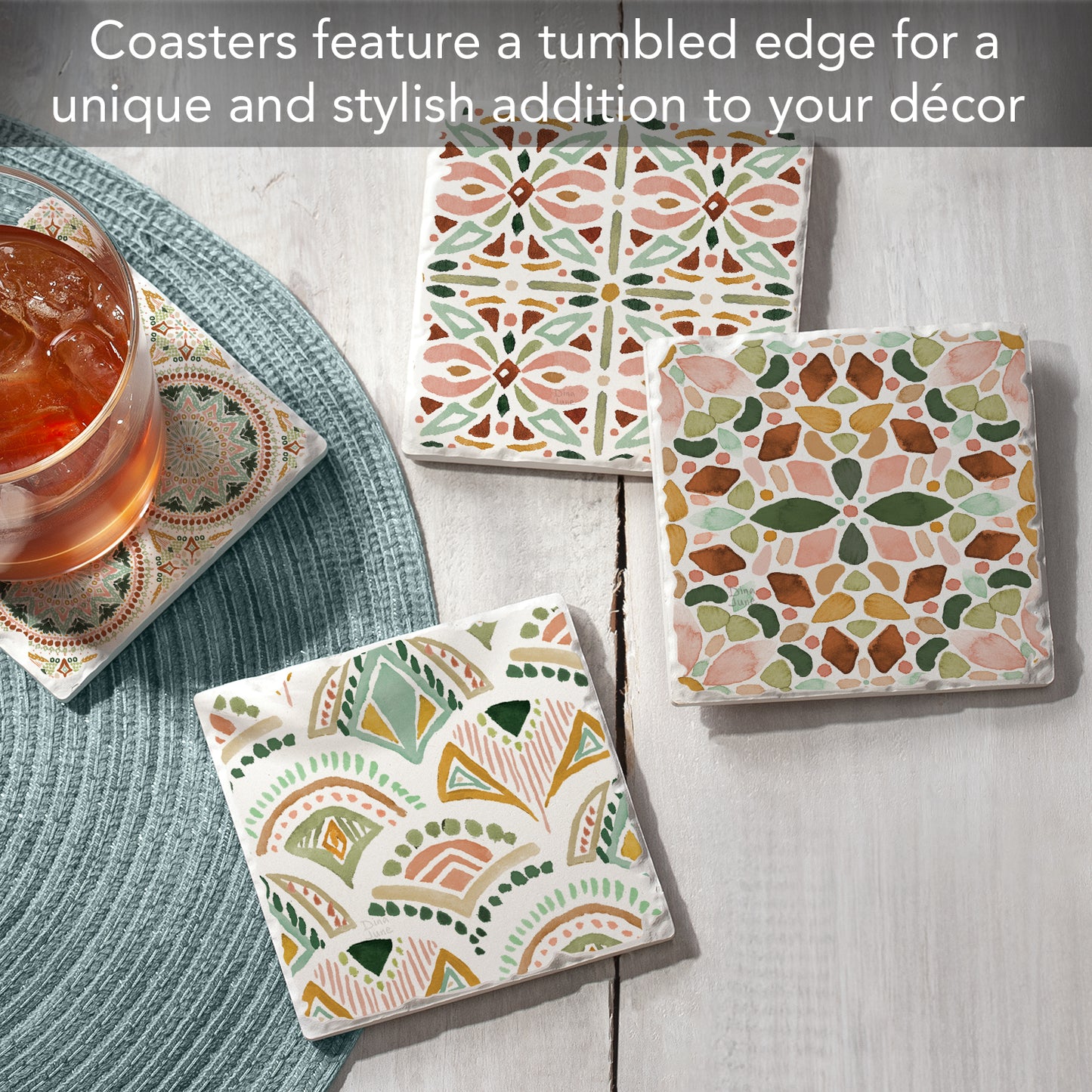 Thirstystone Bohemian Tiles 4-Pack Tumbled Tile Stone Coasters 4" Square