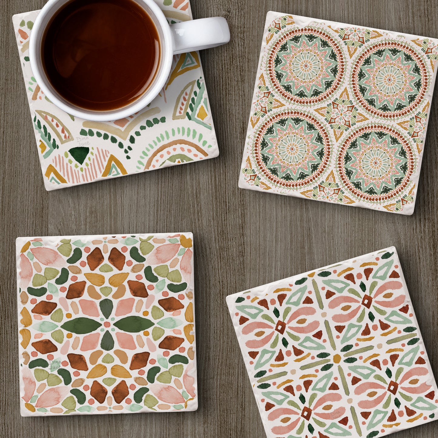 Thirstystone Bohemian Tiles 4-Pack Tumbled Tile Stone Coasters 4" Square